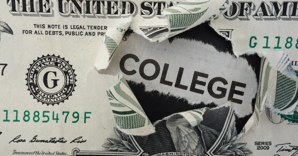 The word college breaking through a torn dollar bill